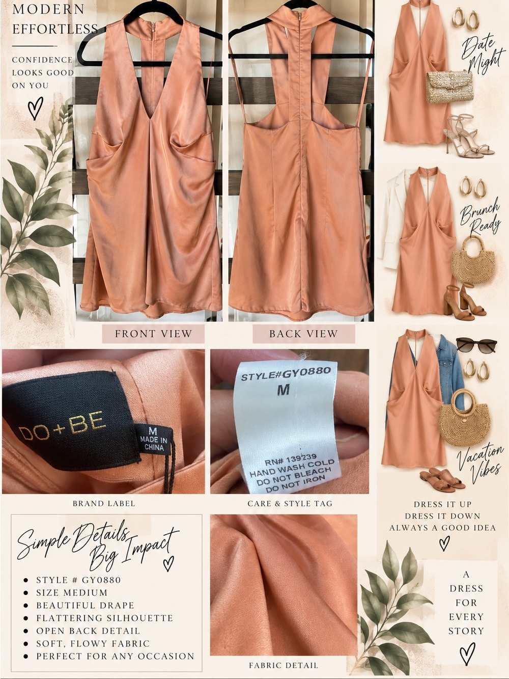 DO+BE Peach Satin Backless V-Neck Dress